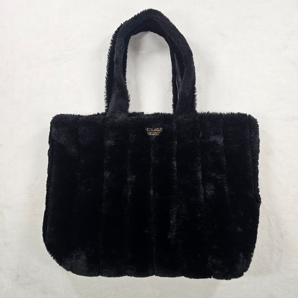 Victoria Secret Tote Bag Womens OS Black Excellent Faux Fur Quilted 11140760